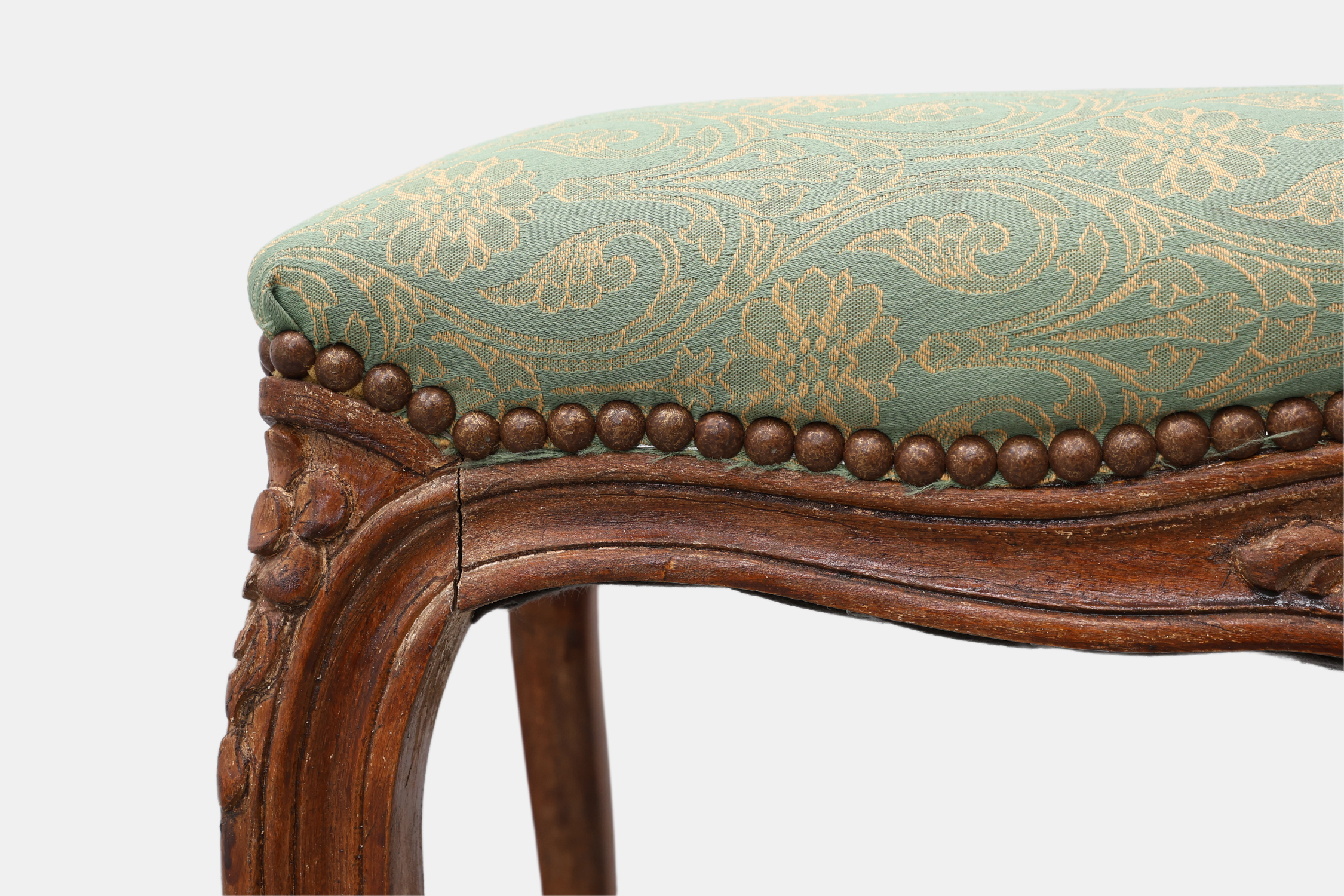 Louis XV stool with carved floral apron and original damask upholstery, France ca. 1900thumbnail